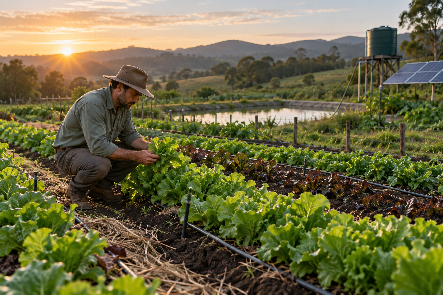 Farmer inspecting healthy crops on a regenerative farm at sunrise