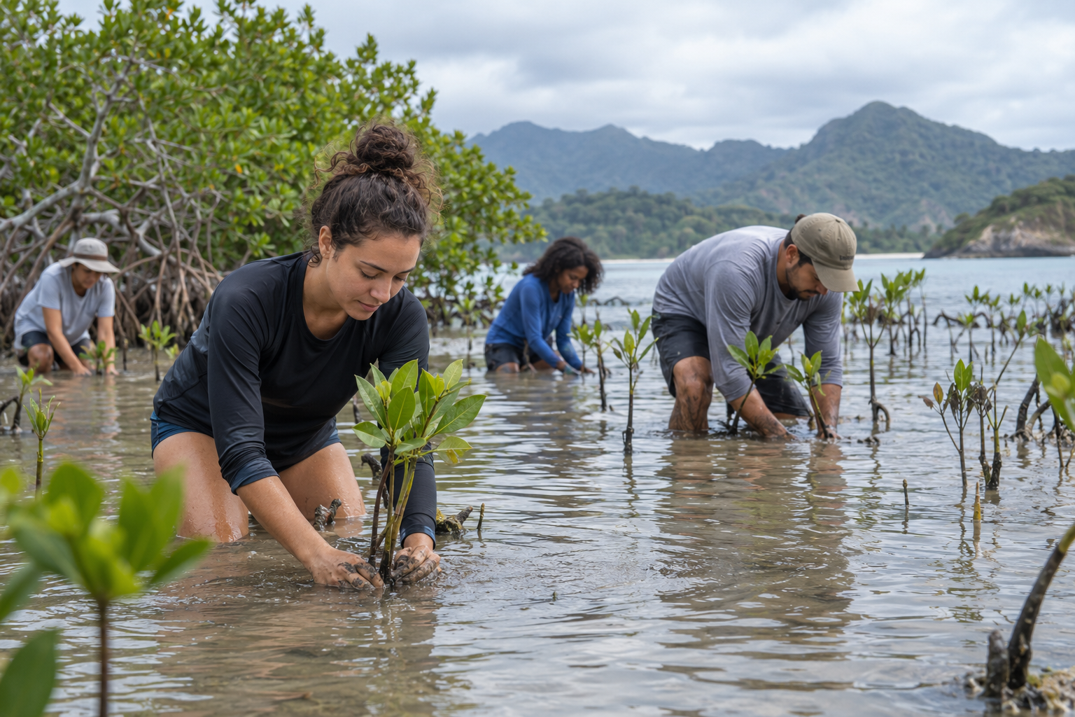 Volunteers planting young mangrove trees along a tropical coastline
