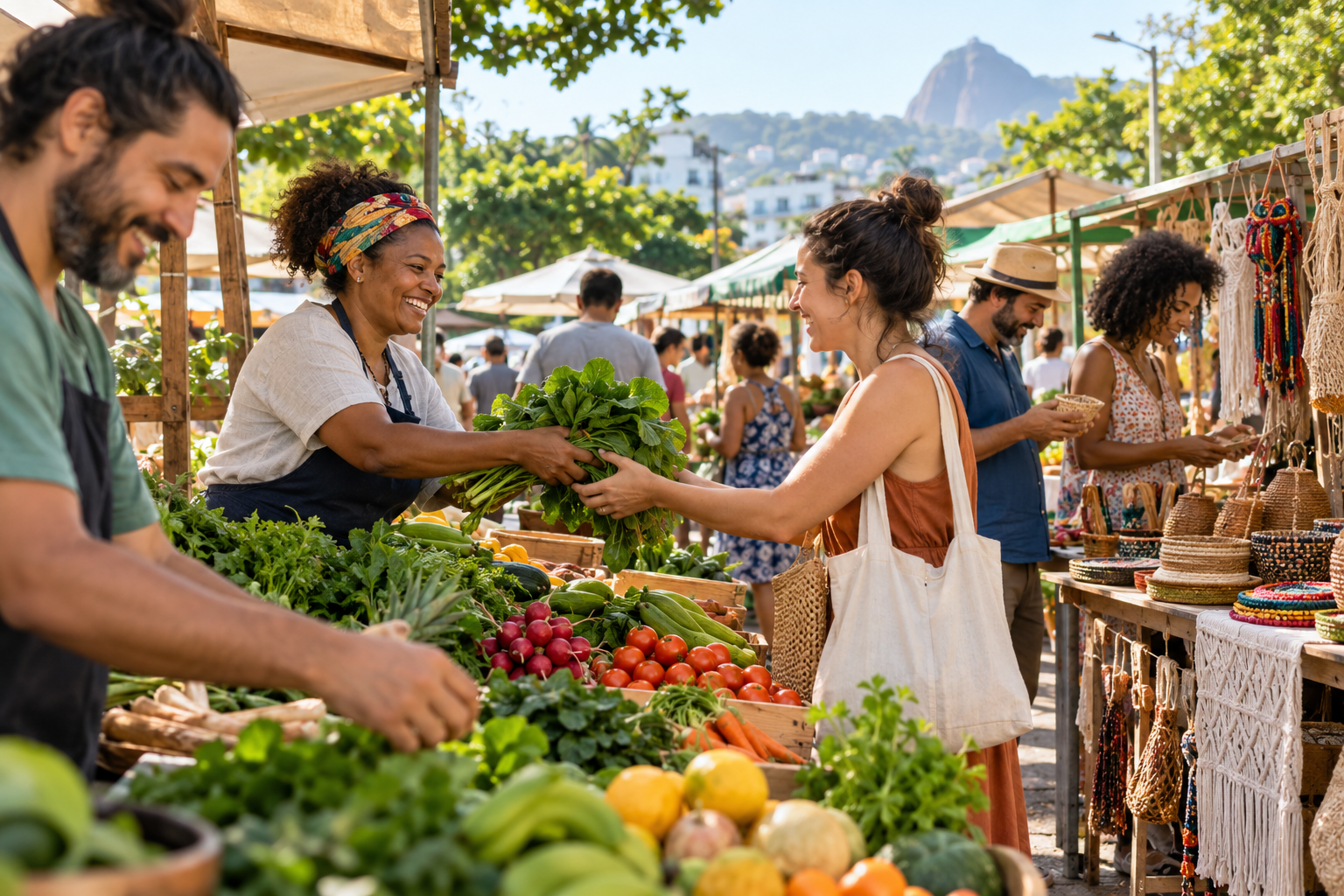 Local vendor handing fresh vegetables to a customer at a neighborhood market