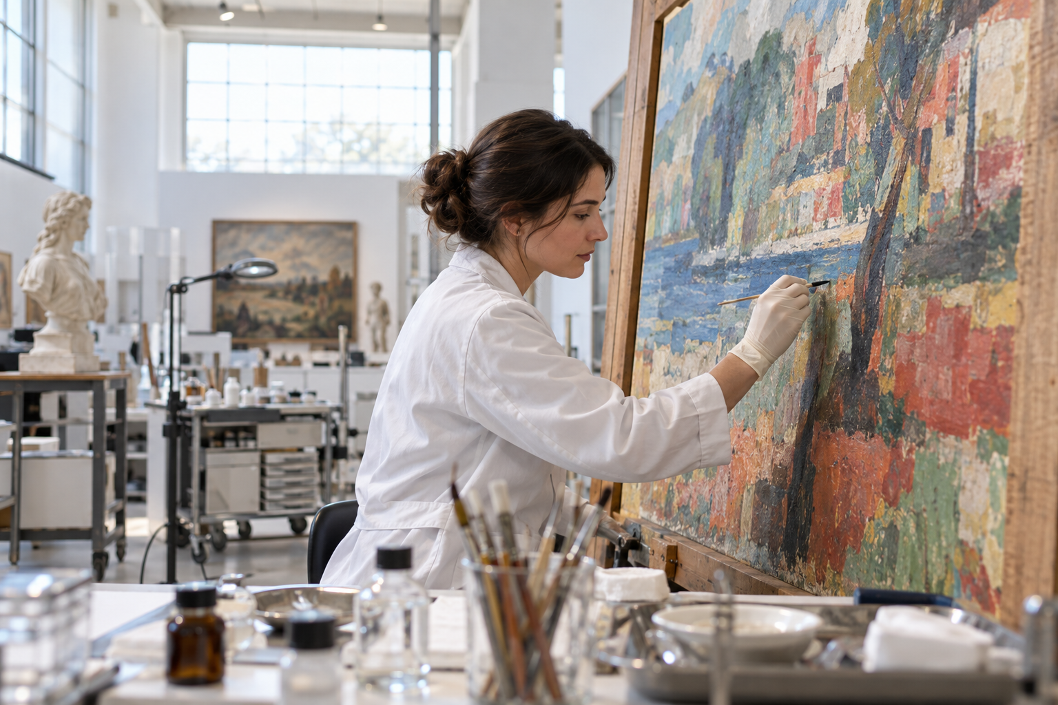 Art conservator carefully restoring a colorful modern painting in a museum workshop