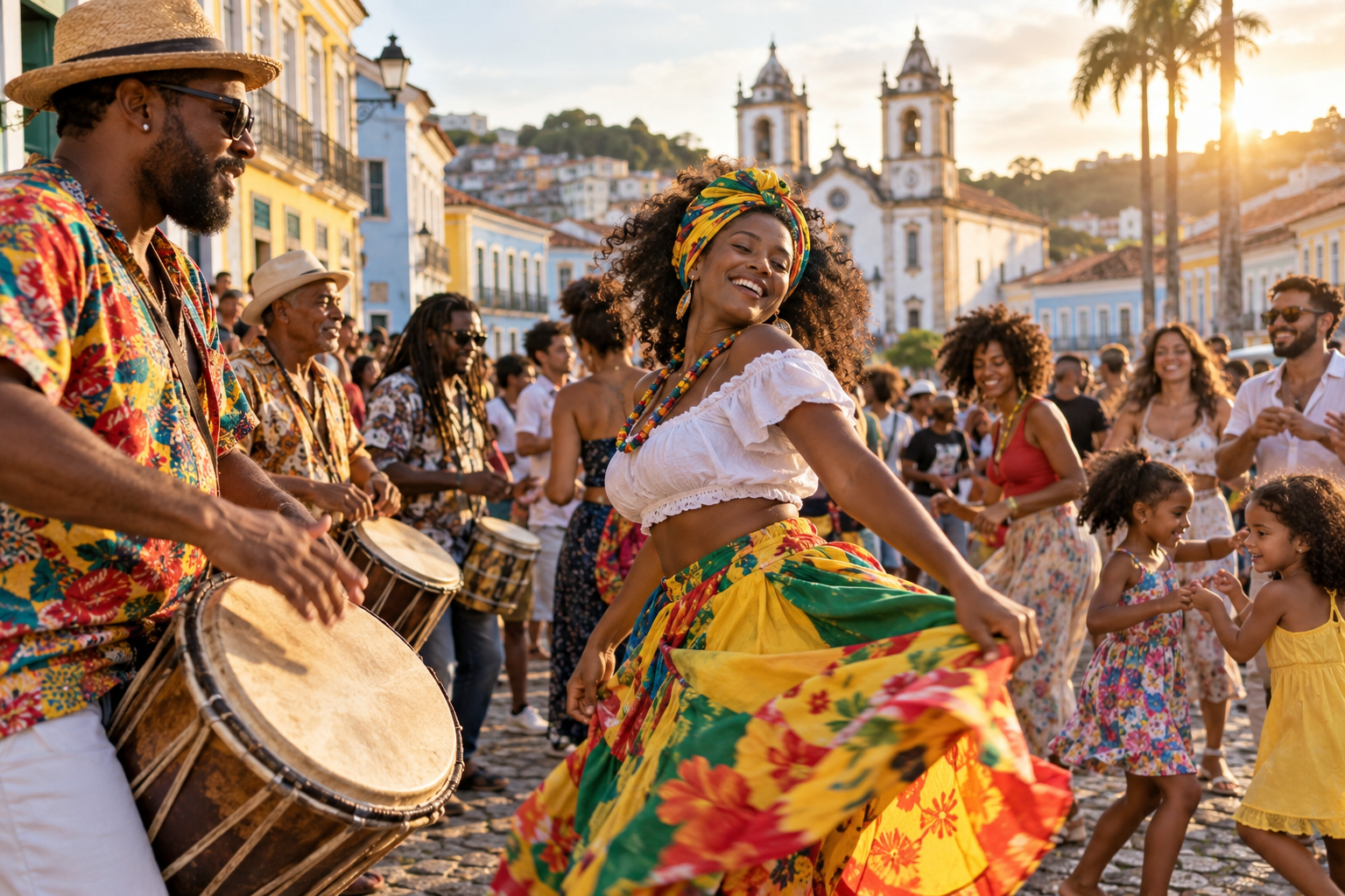 Musicians dancers and families celebrating at a Brazilian street festival