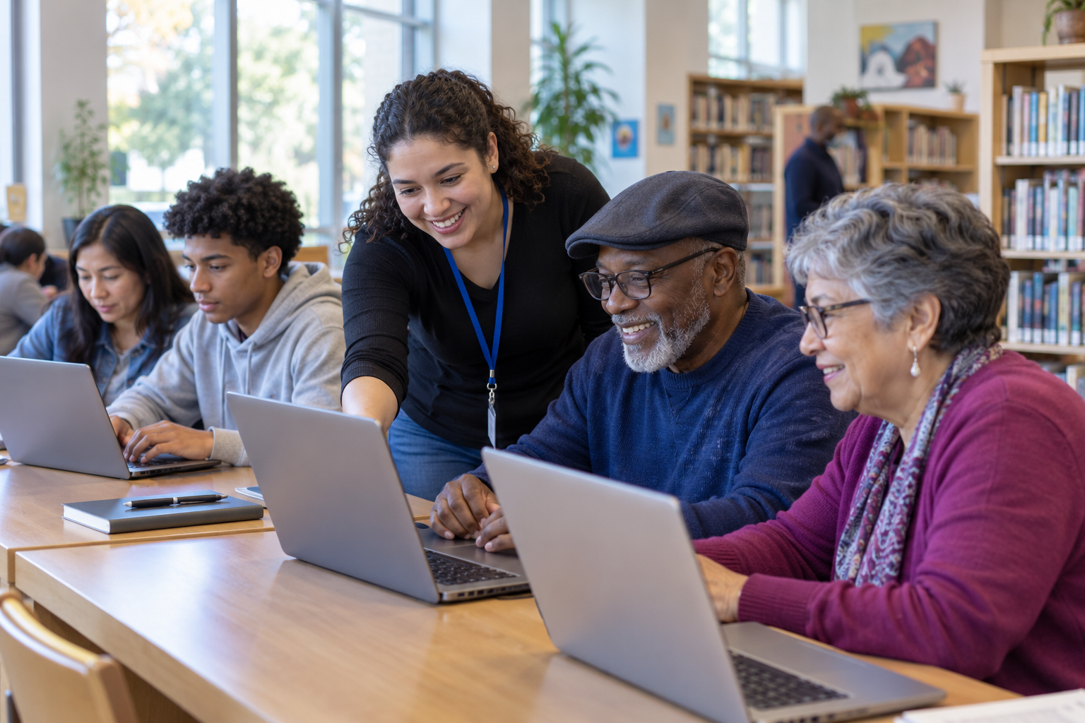 Library facilitator helping adults and teenagers learn computer skills