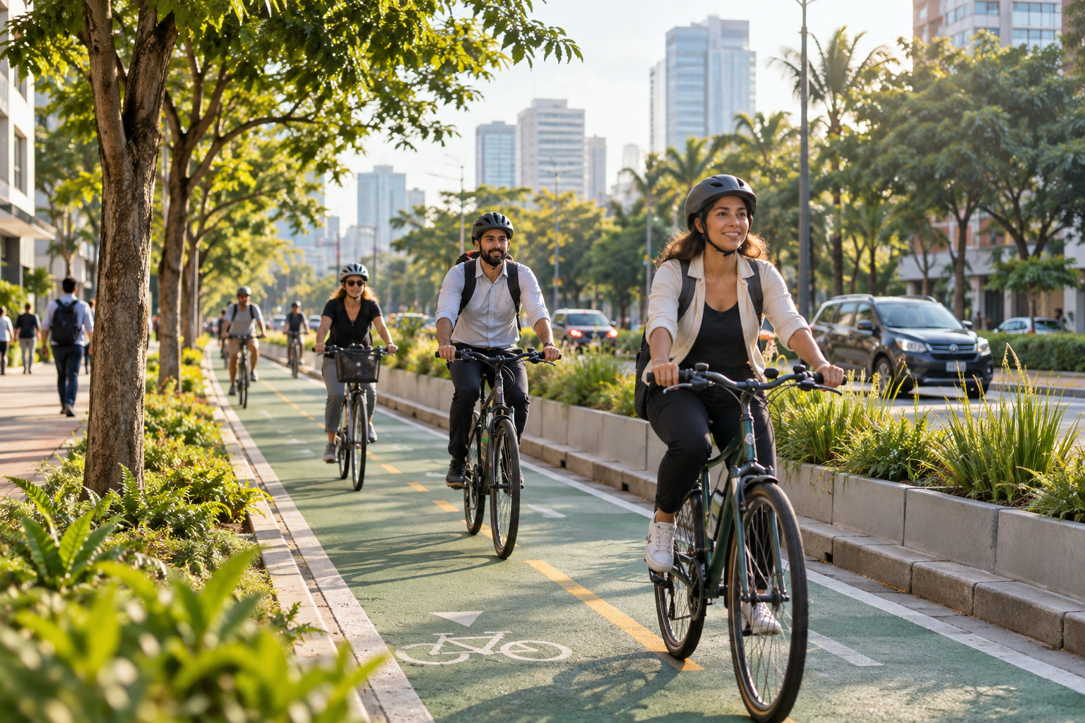 Commuters cycling along a protected green urban bike lane