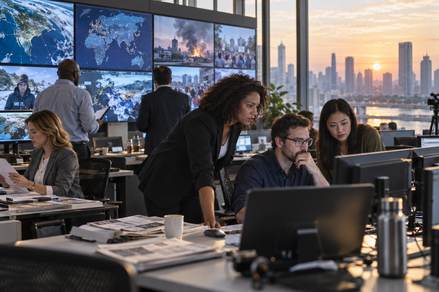 Journalists collaborating in an international newsroom at sunrise