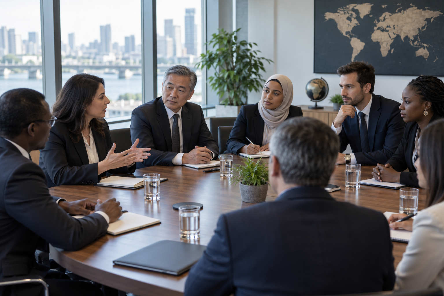 Community representatives and diplomats discussing cooperation around a conference table